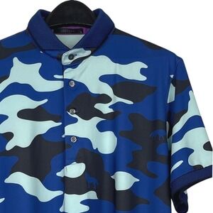 Greyson Performance Golf Polo Mens Large Blue Camouflage All Over Wolf Logo